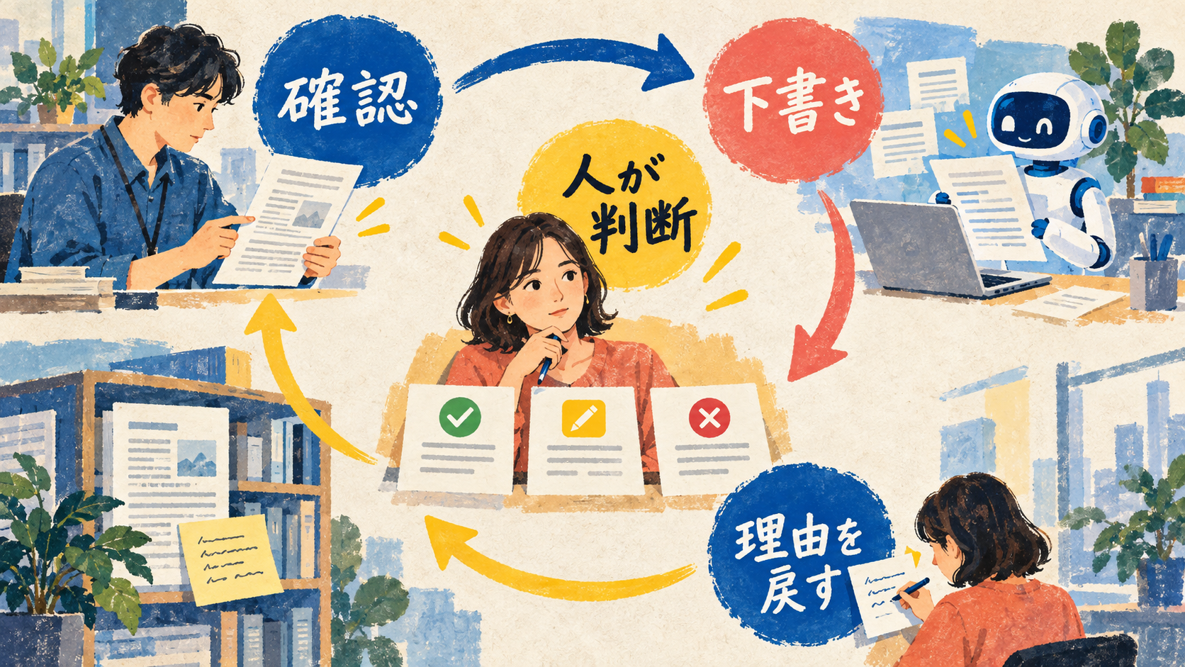 資料を確認し、AIが下書きに使い、人が判断した理由を台帳へ戻す流れ