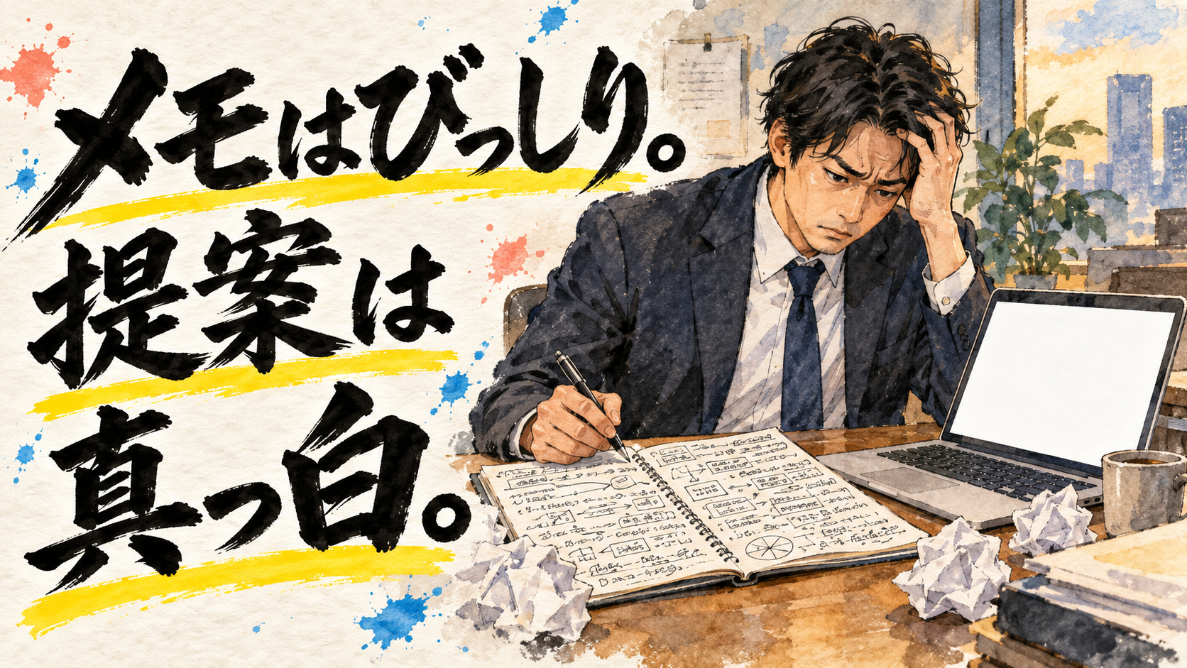 『メモはびっしり。提案は真っ白。』という手書き文字と、商談メモを前に考える営業担当者の水彩画
