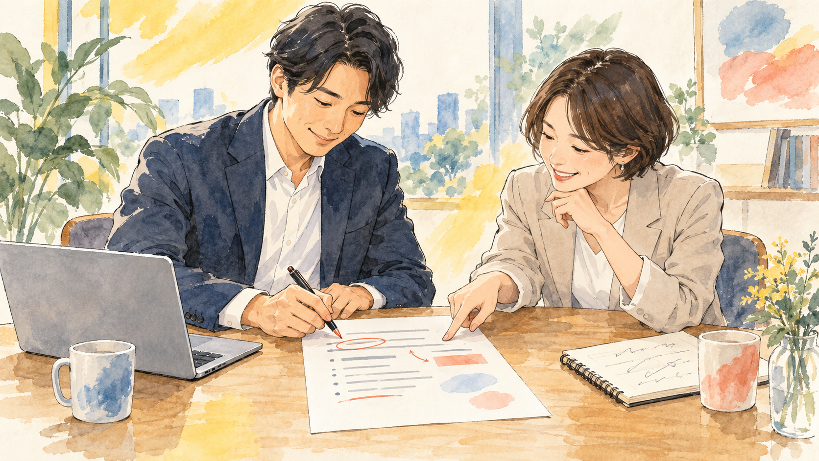 顧客と営業担当者が提案の一枚目を一緒に修正する情景