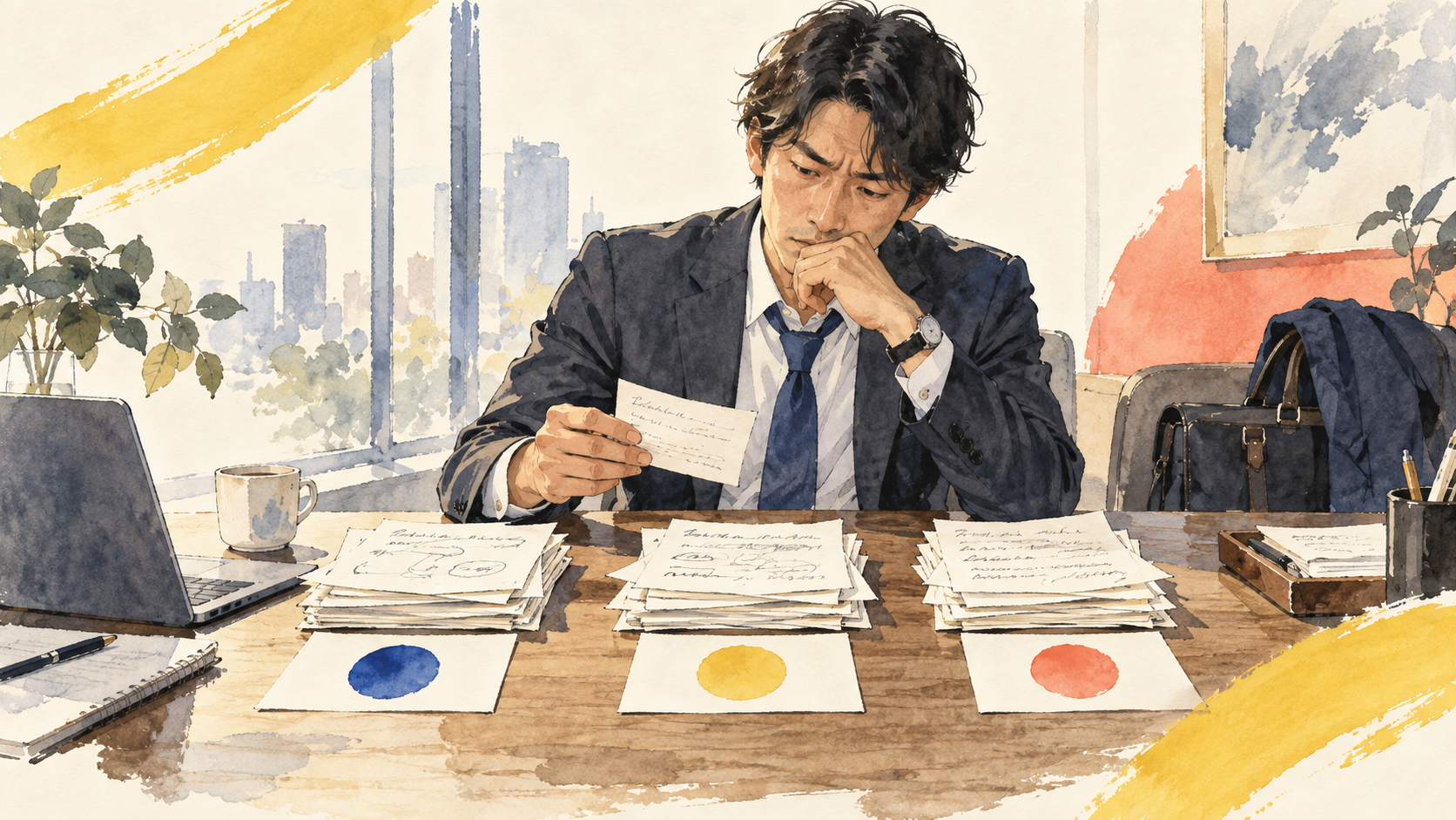 散らばったメモから三つの原因候補を見比べる営業担当者の情景